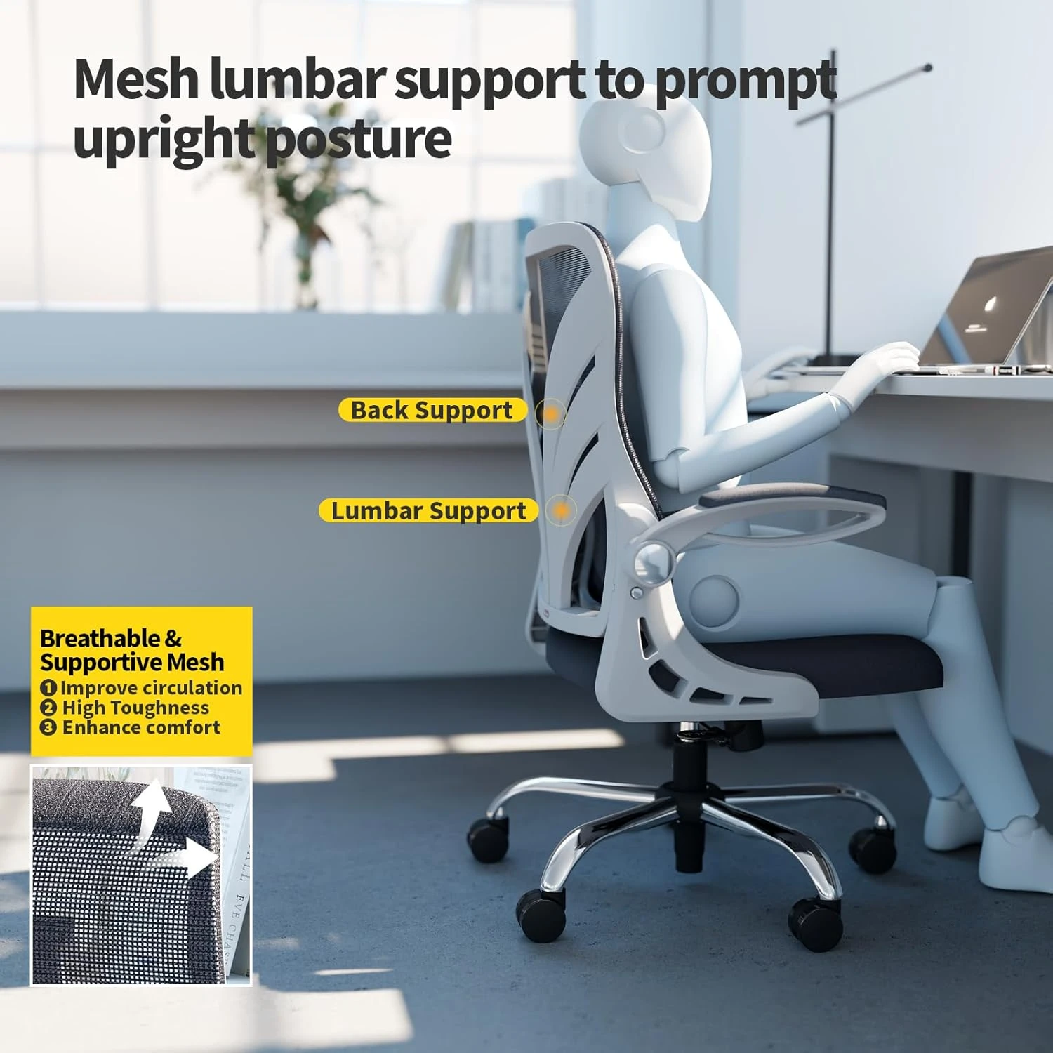 HOLLUDLE Ergonomic Office Chair with Foldable Backrest, Computer Desk Chair with