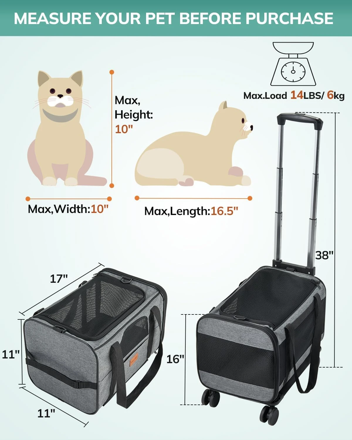Morpilot Cat Carrier with Wheels Airline Approved, Pet Dog Carrier with Wheels f