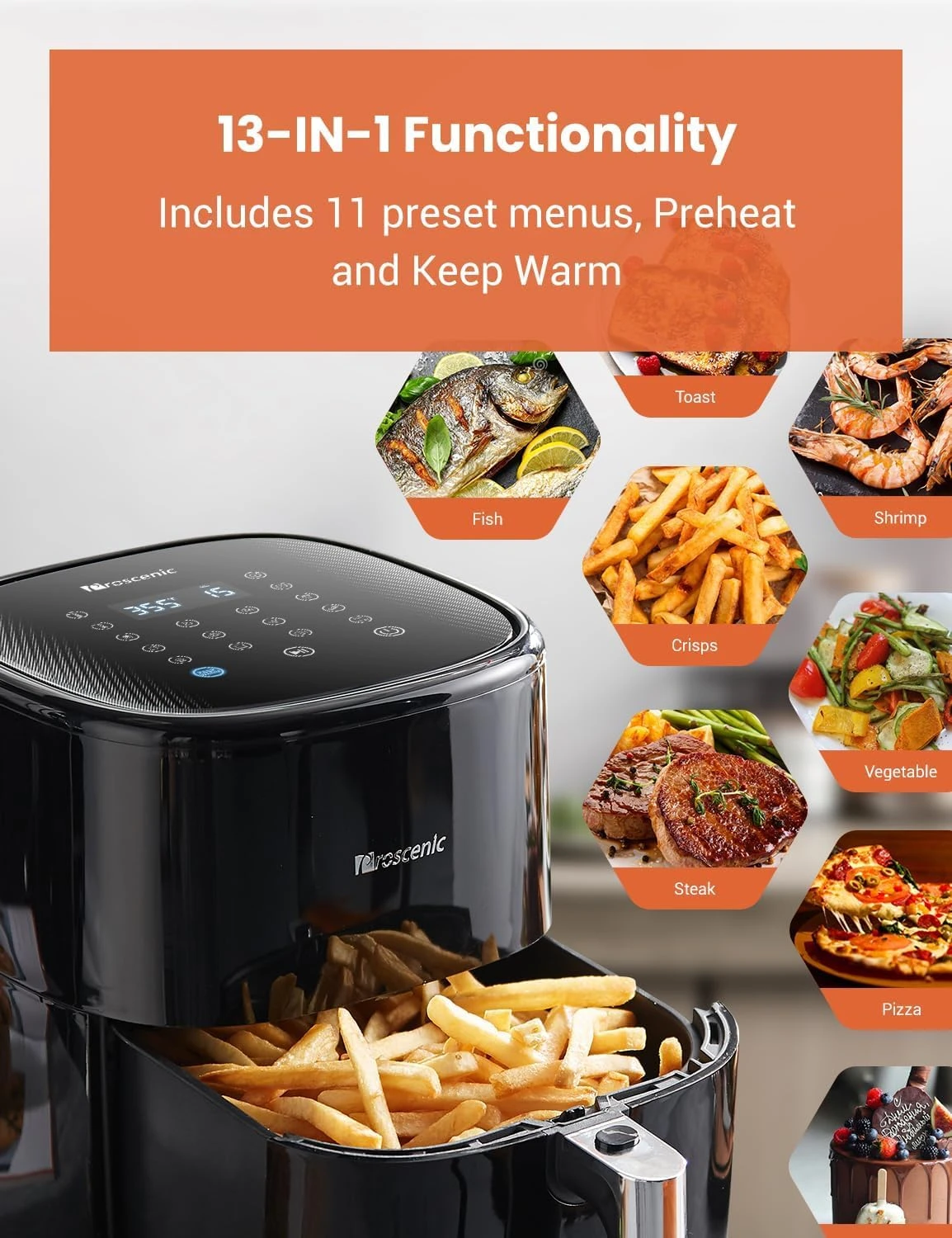 Proscenic T22 Air Fryer, Smart Air Fryer 5L with 13 Presets & Shake Reminder, LE