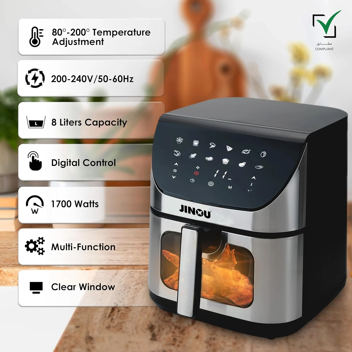JINOU air fryer 1700W XL Basket - Touch Screen with 12 Cooking Presets Non-Stick