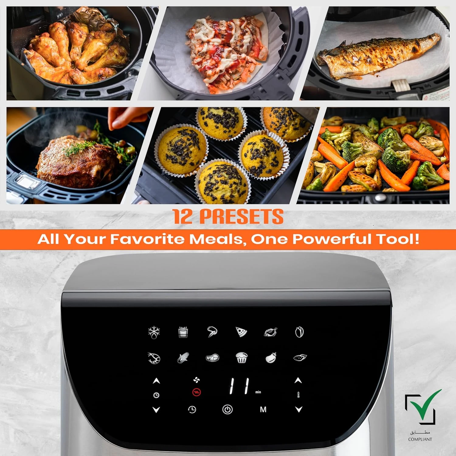 JINOU air fryer 1700W XL Basket - Touch Screen with 12 Cooking Presets Non-Stick