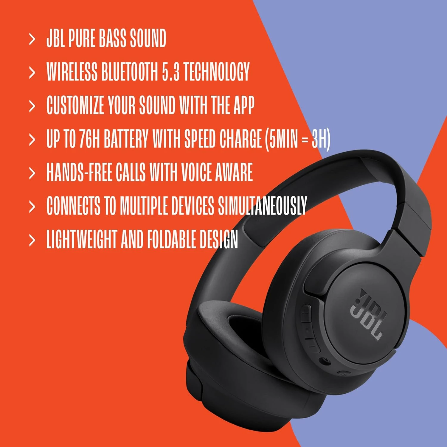 JBL Tune 720BT Wireless Over-Ear Headphones, Pure Bass Sound, Bluetooth 5.3, 76H
